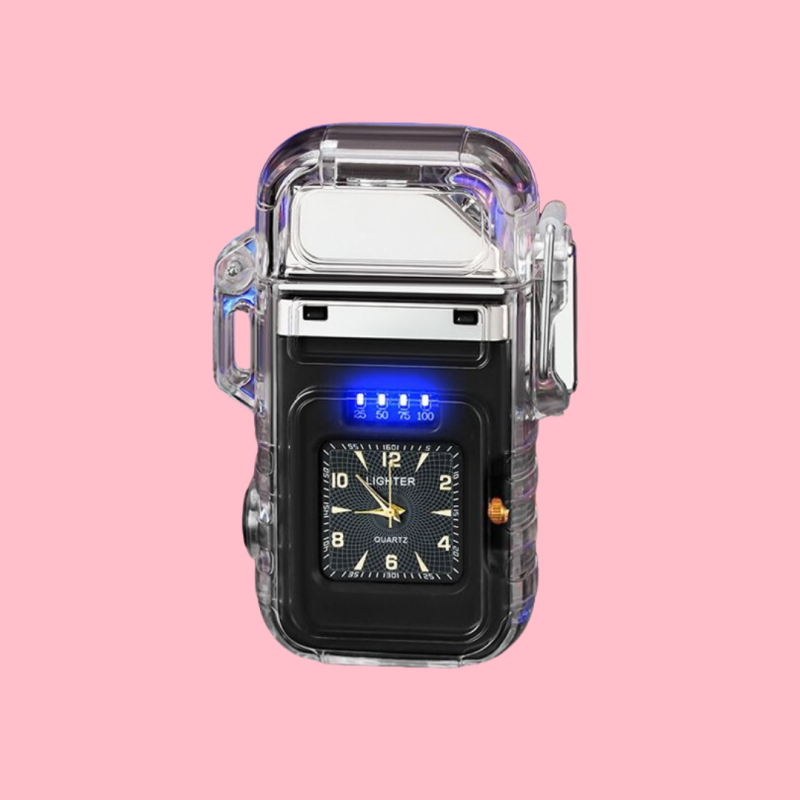 Transparent Colorful LED Arc Lighter with Flash Light & Clock